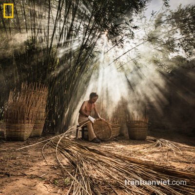 Farmer knits bamboo basket, Tay Ninh, Vietnam